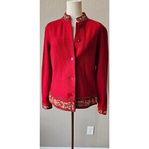 Vintage Talbots Red Wool Sequin Embroidery Button front‎ Cardigan Sweater Medium
